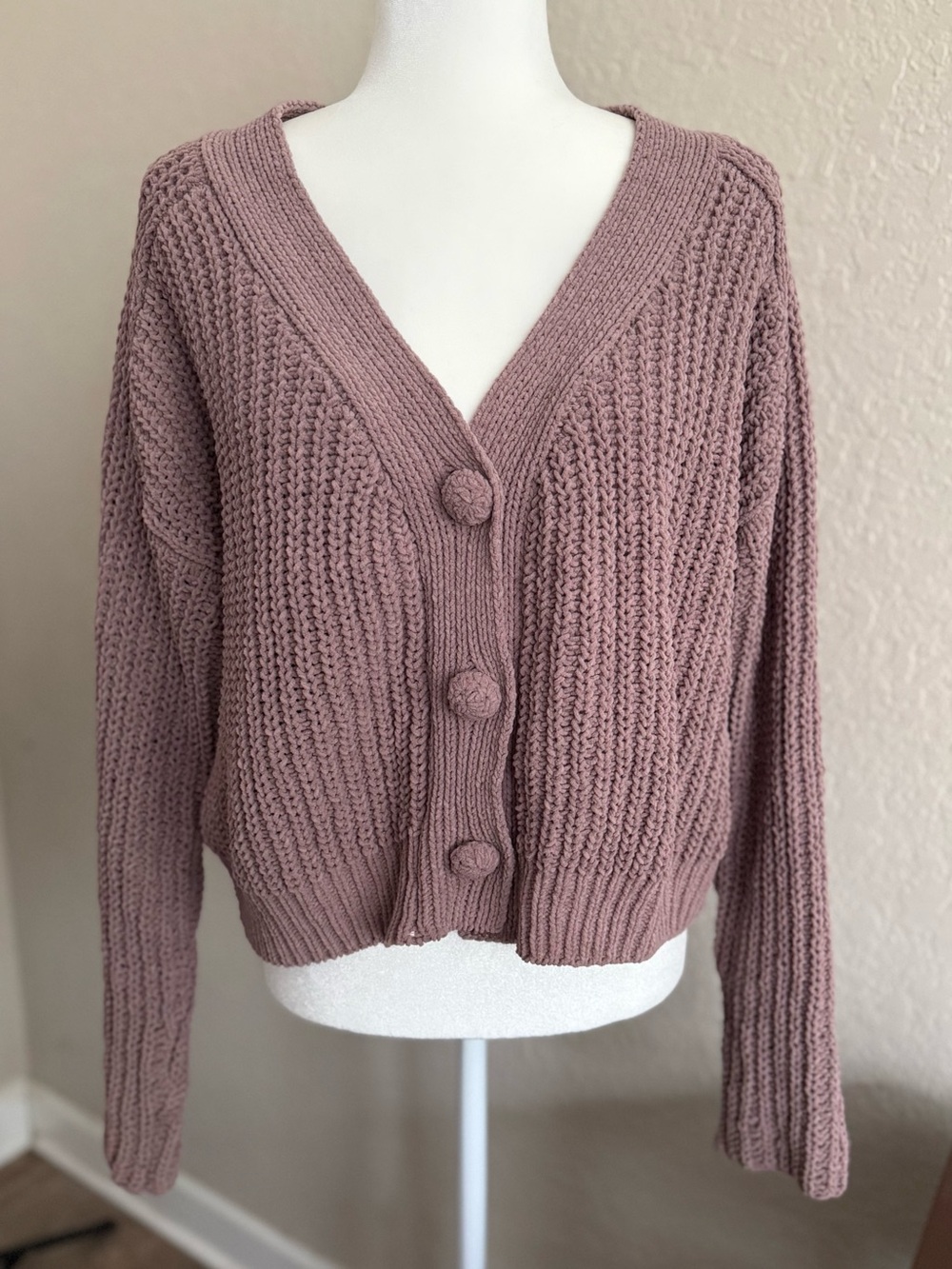 POL Chunky Chenille Knit Button Cardigan Taupe Brown Size Small